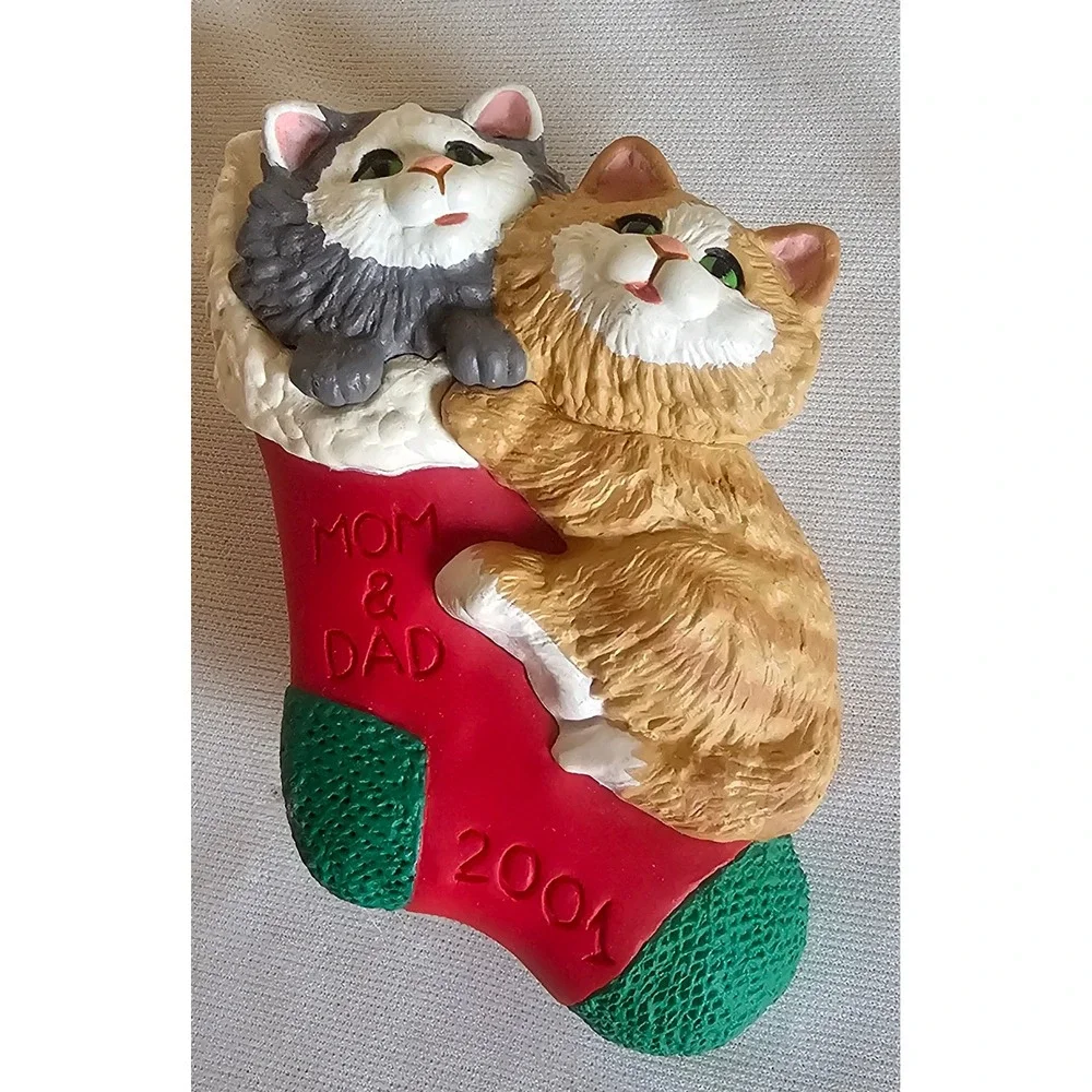 VTG Hallmark Ornament Red Mom & Dad 2004 Kittens in Stocking Christmas Cat Decor